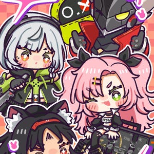 May include: A colorful digital illustration featuring four chibi-style characters with large eyes and unique outfits. The characters are set against a pink background with star and heart accents. The characters have different hair colors and accessories.