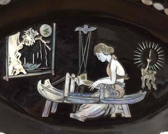 Mother of Pearl Inlay, Woman working under full moon by candlelight wall decor