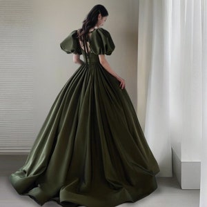 Elegant Dark Green Ball Gown,Custom Plus Size Sample Bridal Dress for Girl, Dark Green Prom Gown with Puffy Sleeves, Deep V Back Bridal Gown