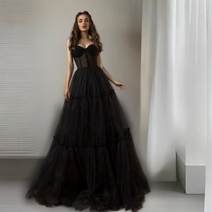 2024 New Spaghetti Strap Black Tulle Wedding Dress Gothic, Black Corset Ball Gown With Half Backless Dress, Black Polka dot Tulle Plus Gowns