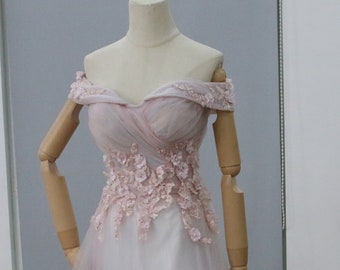 3D Flowery Appliques Wedding Dress, Off the Shoulder Lawn Bridal Gown, Boho Bridesmaid Dress, A Line Prom Dress, Fairy Pink Evening Dress