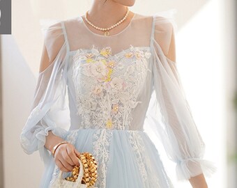 2022 New Blue Tulle Wedding Dress for Women Lawn Bridal Gowns With Flower Lace Puffy Wrap Dress Dreamy Light Blue Evening Dress Prom Gowns