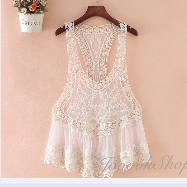 Embroidered Lace Cotton Vest, Vintage White Handmade Top, Delicate Summer One Size Top, Boho Festival Clothes, Shawl pattern crochet