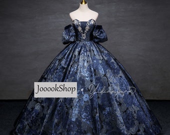 Elegant Navy Prom Ball Gown Shiny Peony Flowers Satin Pageant Gowns with Rhinestone Appliques Neckline Dismantle Puffy Sleeve Blue Ball Gown