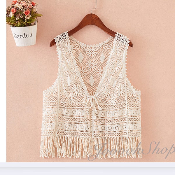 Beige Tassel shawl, White Handmade Vest, Boho Vest for Travel,bohemian Vest, Floral Crochet Lace Vest,White Floral Lace Tops, Beach Vest