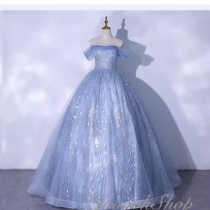 Fairy Lake Blue Ball Gown, Blue Cinderella Dress, Off Shoulder Floor Dress for Concert Evening Dress Sliver Peacock Sequined Prom Dress