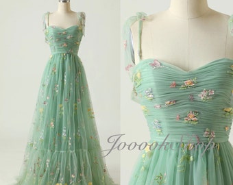 Fairy Spaghetti Straps Spring Prom Gown,Embroidered Flower Gown,Sage Green Tulle Prom Dress, A Line Evening Dress, Lawn Wedding Dress