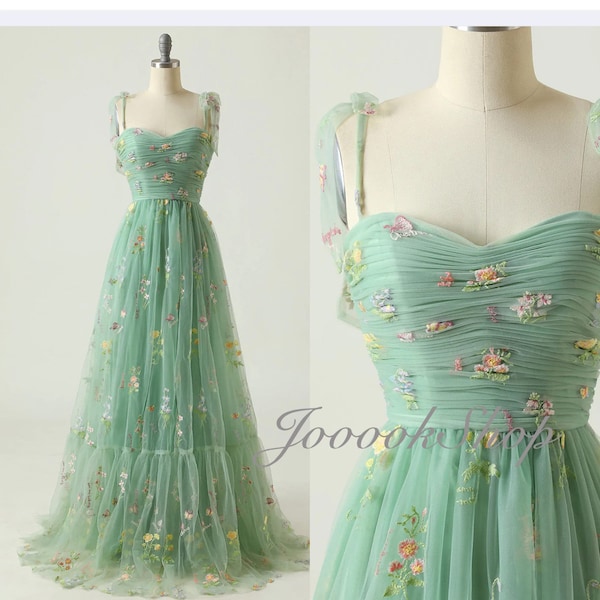 Fairy Spaghetti Straps Spring Prom Gown,Embroidered Flower Gown,Sage Green Tulle Prom Dress, A Line Evening Dress, Lawn Wedding Dress