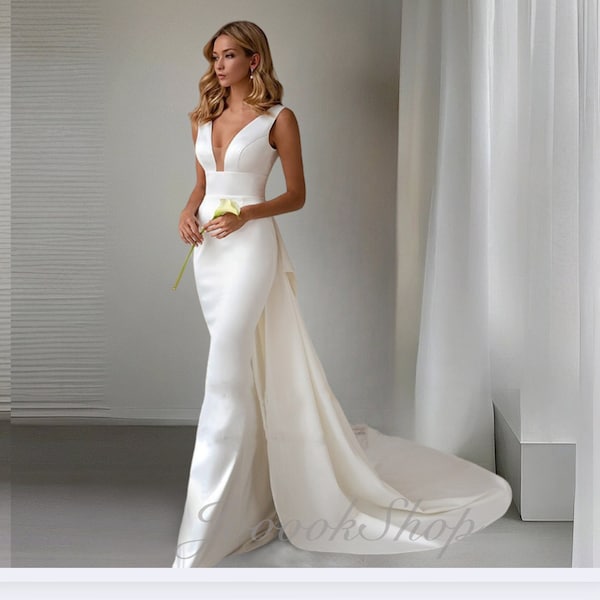 Elegant White Wedding Dress, Sample Bridal Gown with Long Train, Slim Wedding Gown with Deep V Neckline, Backless Mermaid Wedding Gown