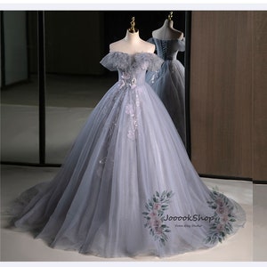 3D Embroidery Floral Lace Prom Gown Haze Blue Tulle Wedding Dress Shiny Glitter Tulle Bridal Gown Fairy  Ball Gown Cinderella Dress