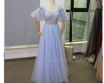 Elegant Pink Blue Tulle Prom Dress Off the Shoulder Lawn Bridal Gown Boho Bridesmaid Dress 3D Shell Applique Beads Wedding Gown for Pageant