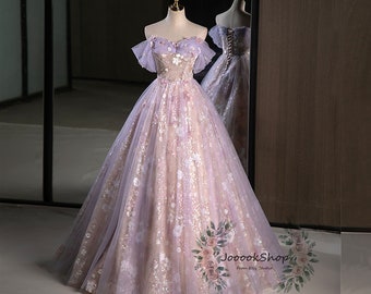 Dreamy Violet Prom Dress Fairy Quinceañera Dress Pink Butterflies Lace&Sequins Party Gown,White Floral Lace Appliques Beaded Evening Dress