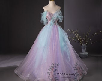 Feenhaftes, blumiges Ballkleid mit Perlen, Farbverlaufskleid in Blau und Lila, Hochzeitskleid, Feenballkleid, glitzerndes Aschenputtel-Tüllkleid