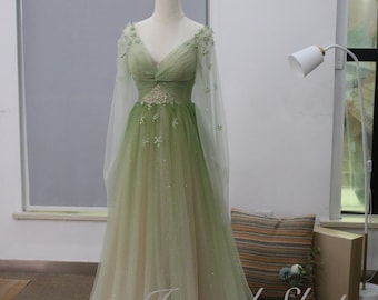 Gradient Green Prom Dress, Glitter Tulle Party Dress, Long Graduation Gown, Bridal Dress,Elegant Celebrity Dress,Fairy Quinceanera Dress