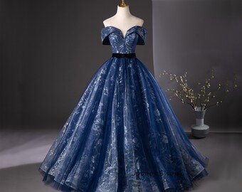 Starry Navy Abschlussball-Ballkleid, ShinyPlum Blossom Glitters A-Linie Abendkleid, Fee-Abschlusskleid für Frauen-formelles Partykleid Süßes Mädchen