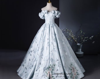 Luxury Jacquard Blue Prom Gown, Blue Cinderella Gown, Fairy Quinceañera Dress, Glitz Lotus Neckline  Ball Gown, Shiny A Line Evening Dress,