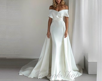 Gorgeous White Wedding Dress, Vintage Bridal Gown with Long Train, Slim Wedding Dress Off the Shoulder, Custom Any Color/ Size Mermaid Gown
