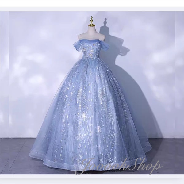 Fairy Lake Blue Ball Gown, Blue Cinderella Dress, Off Shoulder Floor Dress for Concert Evening Dress Sliver Peacock Sequined Prom Dress