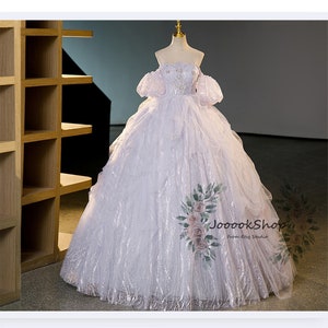 Dreamy Haze Blue Wedding Dress Applique Beads Bridal Gown Fairy Ball Gown Cinderella Halloween Dress Fluffy  Banquet Gown Removable Sleeves