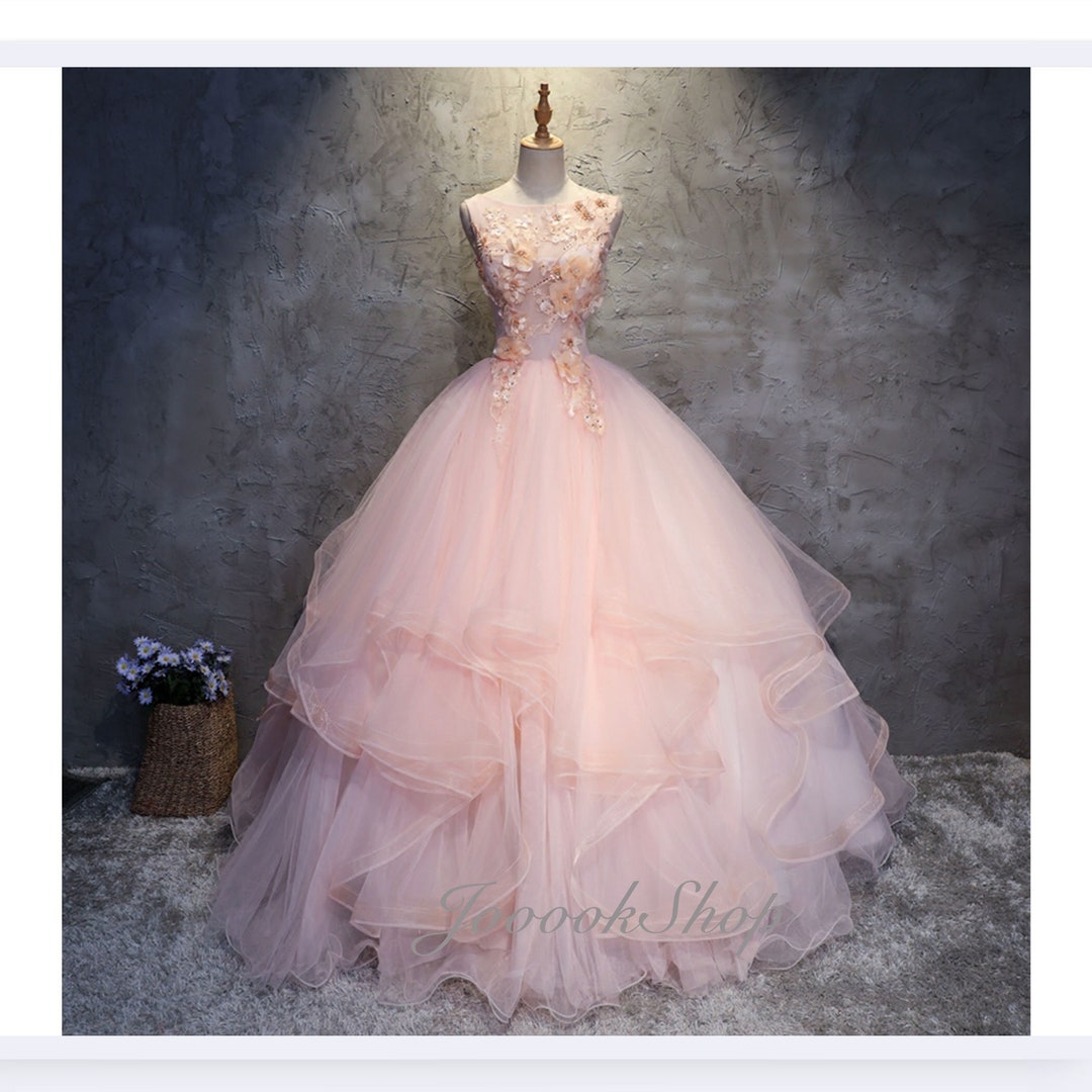 Elegant Pink Wedding Dress Blush Pink Floral Applique Beading Prom ...