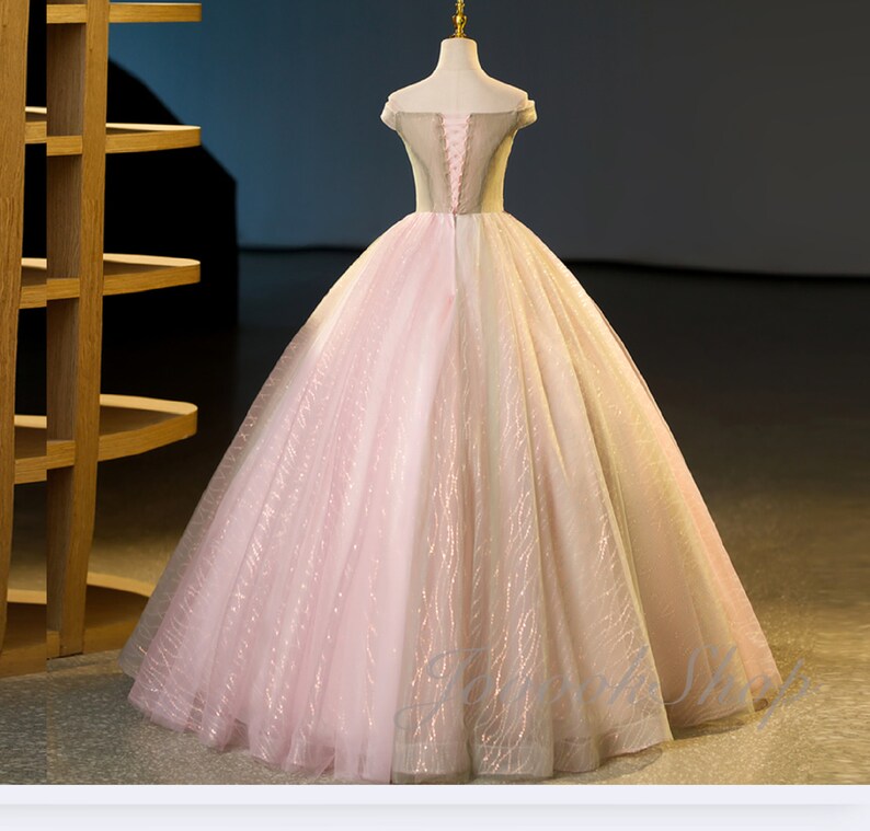 Pink and White Embroidered Flared Gown