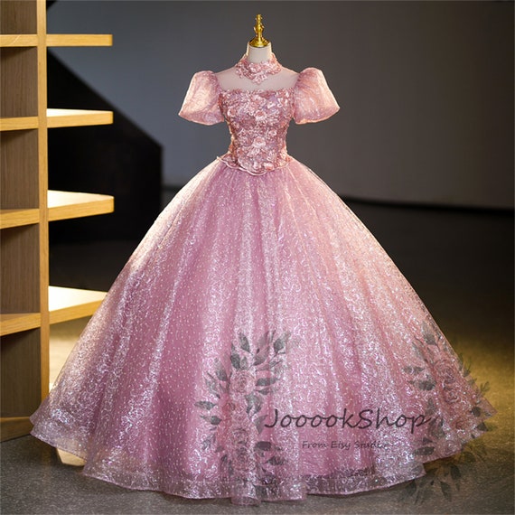 Elegant 3D Flowery Appliques Collared Pink Ball Gown Quinceanera