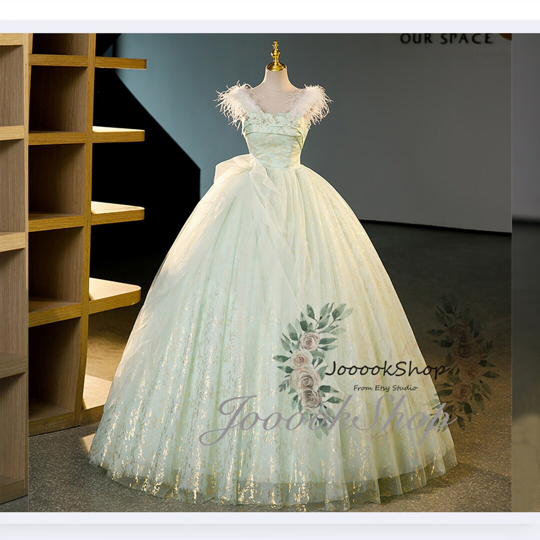 Elegant Sage Green Ball Gown Feather Bridal Gown Spray Golden Etsy