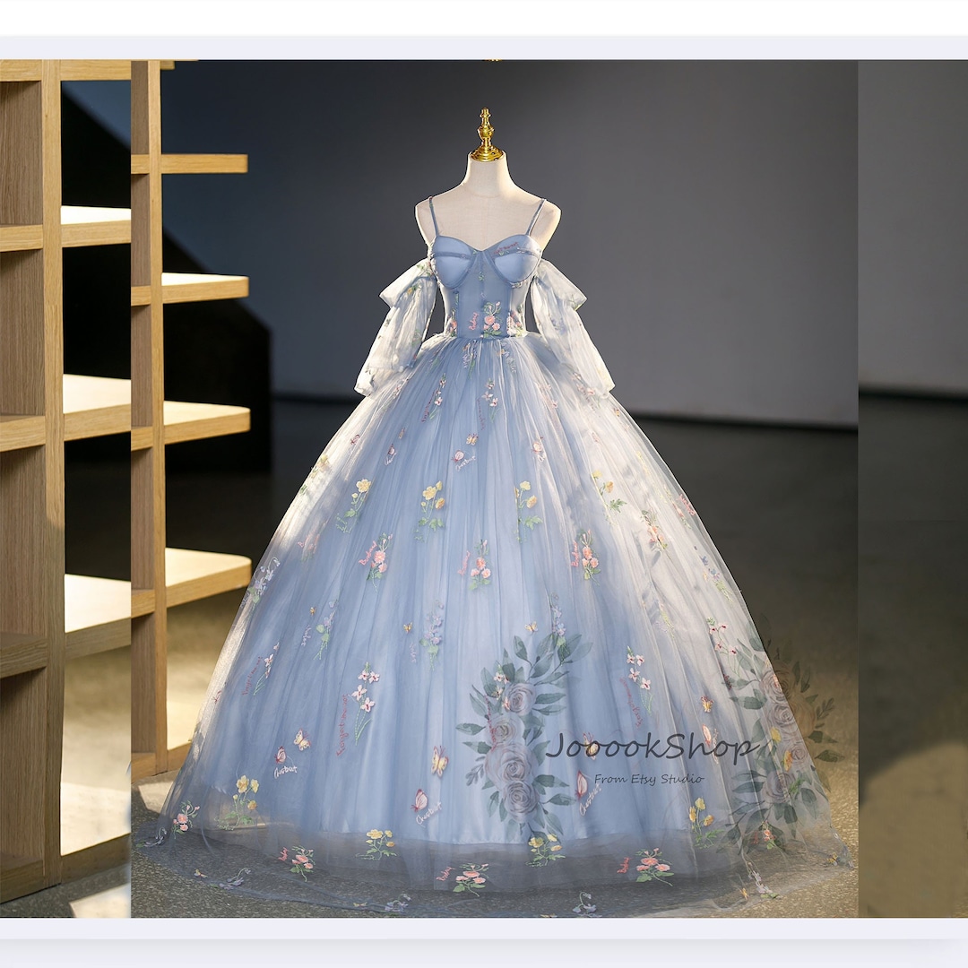 Fairy Dress,Blue Sleeveless Ball Gown With Pink Butterflies Y1387