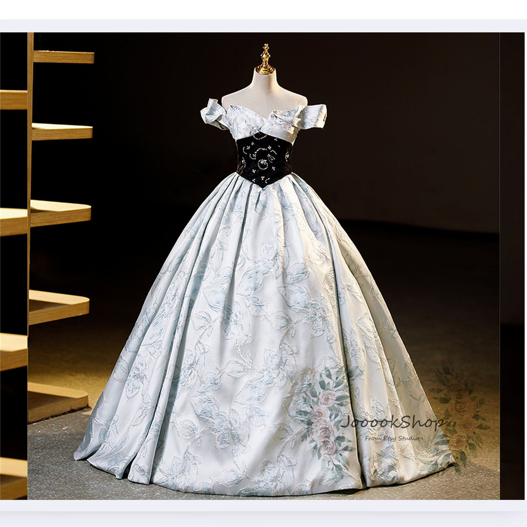 3D Floral Blue Ball Gown with Flare Sleeves main image 0