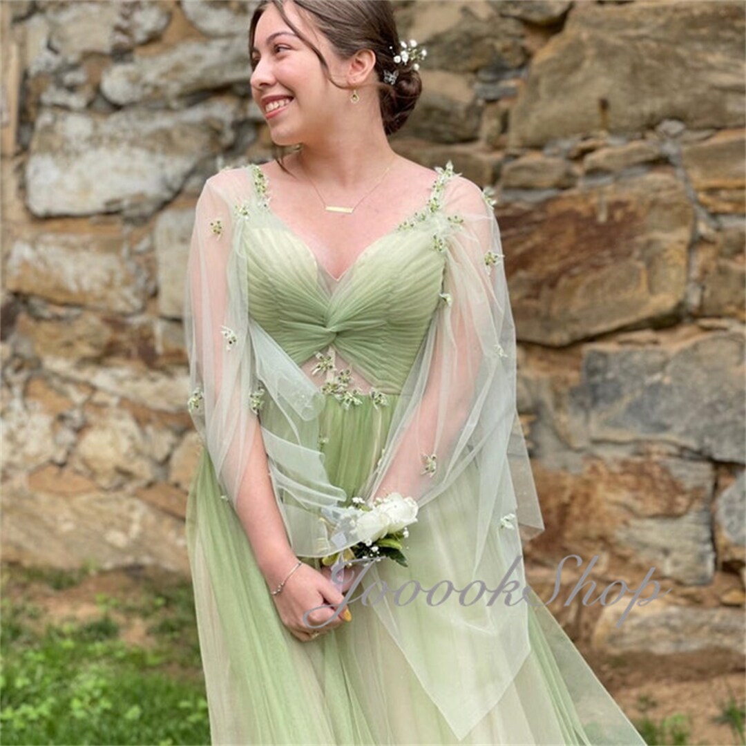 Gradient Green Prom Dress, Glitter Tulle Party Dress, Long Graduation Gown, Bridal Dress,elegant