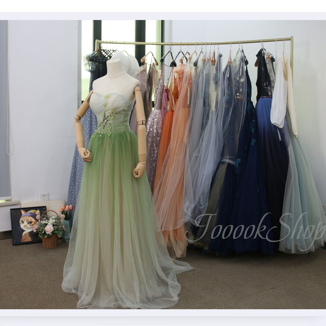 Gradient Green Wedding Dress Glitter Tulle Prom Dress Long Etsy
