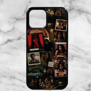 May include: A black phone case featuring a collage of various scenes and characters from the television show Obsession. The design includes multiple photographic stills, dark atmospheric imagery, and the word Obsession printed in bold white text.