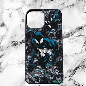 May include: Black phone case with a collage of comic book covers featuring Spider-Man in a blue and black suit.