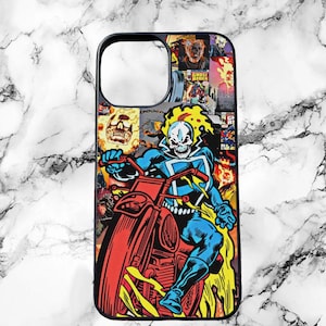 May include: A black phone case featuring a colourful collage of Ghost Rider comic book covers. The main image shows Ghost Rider riding a motorcycle with flames.