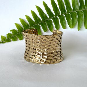 Wide Woven Brass Cuff, Statement Bracelet, Gold Tone Bracelet