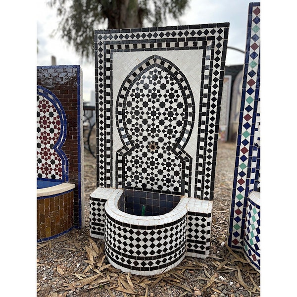 Authentic Moroccan Home Decor Mosaic Garden Fountain, Berber Handmade Ceramic wall Fountain, Atlas Luxurious Zellije Water Outdoor Fountain