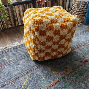 Moroccan Checkered Ottoman Square Sofa Pouf, Woven Bohemian Living Room Chair Pouf, Custom Berber Multicolor Soft Nursery Room Wool Pouf