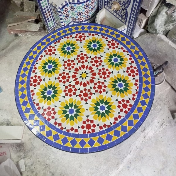 Moroccan Handmade Mosaic Decoration Table, Auhtentic Ceramic Handcraft Garden Home Decor Table, Custom Azilal Berber Design Colorful Table