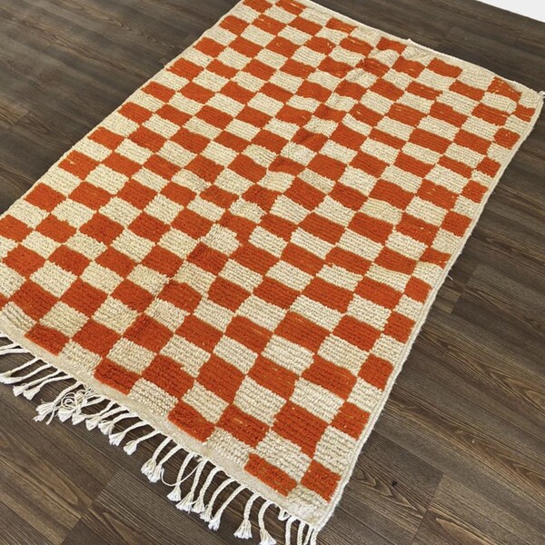 Moroccan Orange & White Checker Sofa Floor Rug, Living Room Game Wool Rug, Electic Checkerboard Woven Soft Rug Runner ready to ship 2x6 fr