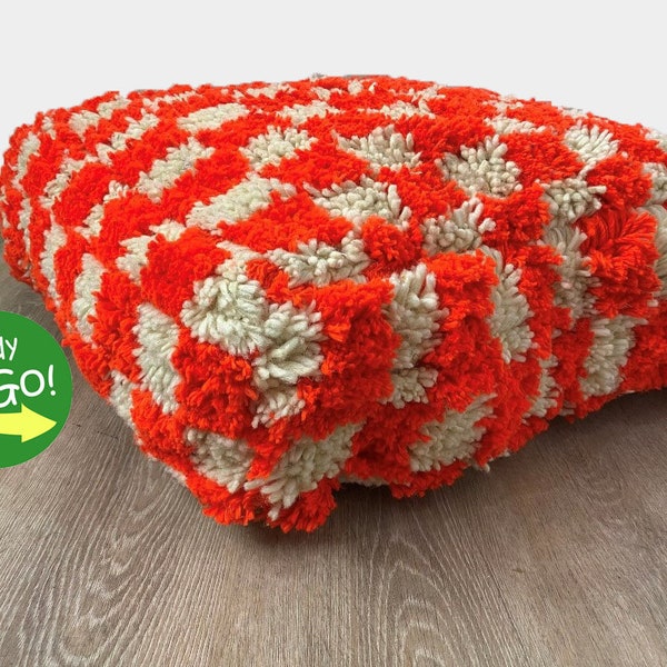 Orange & White Moroccan Checkerboard Woven Sofa Game Pouf, Square Beni Ourain Ottoman Floor Chair Pouf, Electic Living Room Soft wool Pouf