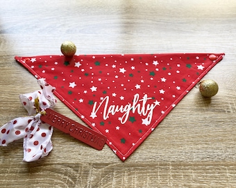 いたずらっ子かいい子ちゃん、クリスマスペットバンダナ、ホリデー犬用バンダナ、お祝いペットアクセサリー、クリスマス犬用スカーフ、クリスマスペットアパレル