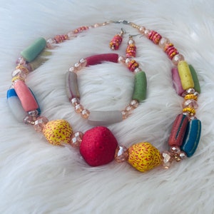 UNIQUE Chunky beaded statement necklace set with Earrings and bracelet |African trade beads| glass beads| VALERIE