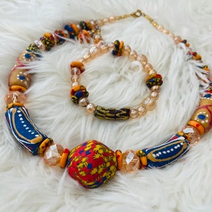 UNIQUE Chunky beaded statement necklace set with Earrings and bracelet |African trade beads| glass beads| COLOR PARADE