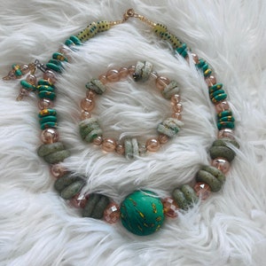 UNIQUE Chunky beaded statement necklace set with Earrings and bracelet |African trade beads| glass beads| GREEN NENO