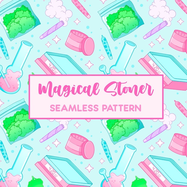 Magical Stoner Aesthetic Pattern - Cute Marijuana Instant Download - Kawaii Weed Repeating Fabric Pattern