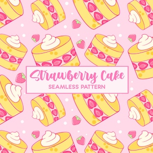 ストロベリーショートケーキのかわいいシームレスパターン - 美しいピンクのストロベリーケーキの即時ダウンロード - かわいい繰り返しデザートパターンのダウンロード