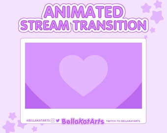 Puede incluir: Transición de transmisión animada de corazón morado con el texto "Animated Stream Transition" en la parte superior y el texto "@BellakatArts BellakatArts twitch.tv/BellakatArts" en la parte inferior.
