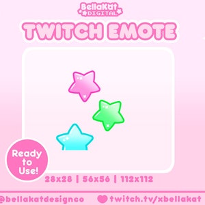 May include: A pink background with a white square in the center. The square contains three animated stars in different colors: pink, green, and blue. The text "TWITCH EMOTE" is at the top of the square. The text "Ready to Use!" is at the bottom left of the square. The text "28x28 | 56x56 | 112x112" is at the bottom center of the square. The text "@bellakadesignco" is at the bottom left of the background. The text "twitch.tv/xbellakatt" is at the bottom right of the background.