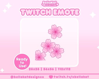 Op de afbeelding: Roze Twitch-emote met vier roze kersenbloesems met witte centra. De emote is beschikbaar in drie maten: 28x28, 56x56 en 112x112. De tekst "Bellakat DIGITAL" en "TWITCH EMOTE" staat bovenaan de afbeelding. De tekst "Ready to Use!" staat in een cirkel linksonder in de afbeelding. De tekst "@bellakatdesignco" en "twitch.tv/xbellakat" staat onderaan de afbeelding.