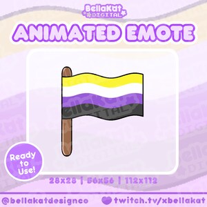 Puede incluir: Emoticón animado con un diseño de bandera del orgullo no binario. La bandera tiene rayas horizontales amarillas, blancas, moradas y negras, sobre un poste marrón. El texto incluye "ANIMATED EMOTE", "Ready to Use!" y dimensiones.